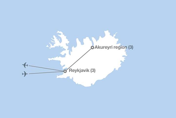 Map of Iceland showing the journey route between Reykjavik and Akureyri region
